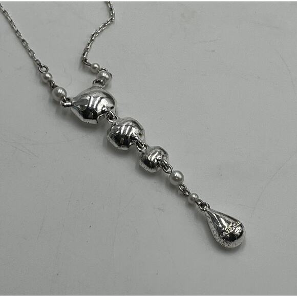 Givenchy Vintage Silver Tone Sparkling Rhinestone Faux Pearl Y Drop Necklace - Picture 10 of 14